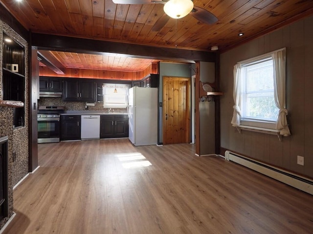 kitchen with backsplash, a baseboard heating unit, wood ceiling, white appliances, and light hardwood / wood-style flooring