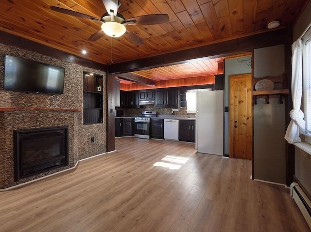 kitchen with a fireplace, backsplash, a baseboard heating unit, light hardwood / wood-style floors, and white appliances