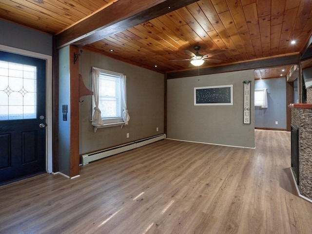 entryway featuring a stone fireplace, ceiling fan, wood ceiling, baseboard heating, and light wood-type flooring