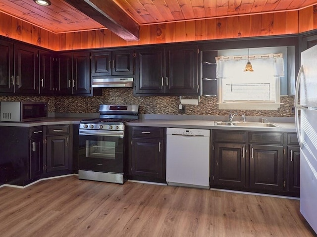 kitchen with decorative light fixtures, sink, light hardwood / wood-style floors, wood ceiling, and stainless steel appliances