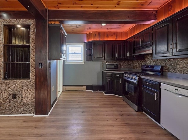 kitchen with wood ceiling, light hardwood / wood-style flooring, baseboard heating, stainless steel appliances, and decorative backsplash