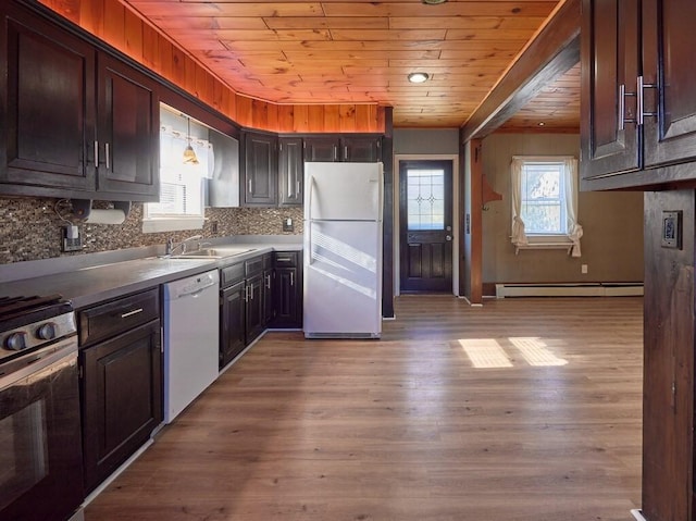 kitchen featuring sink, light wood-type flooring, a baseboard heating unit, wood ceiling, and white appliances