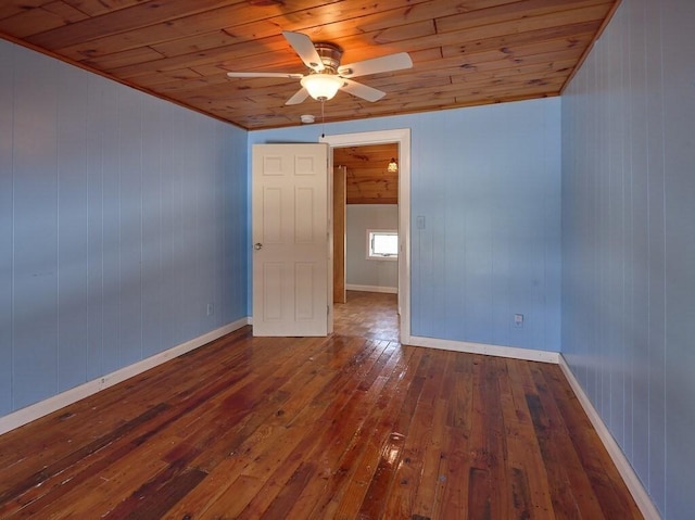 unfurnished room with wood ceiling, ceiling fan, and dark hardwood / wood-style floors