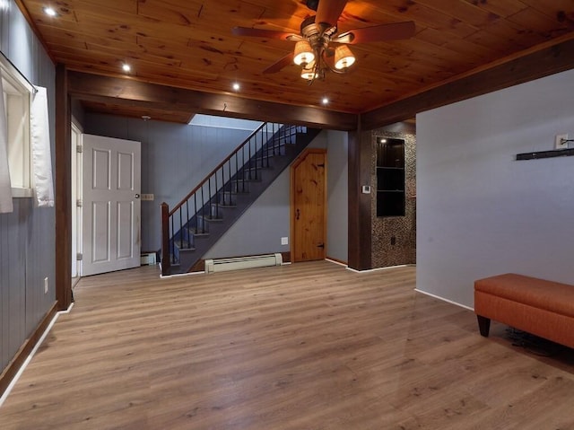 basement with a baseboard heating unit, wood ceiling, light hardwood / wood-style flooring, and ceiling fan