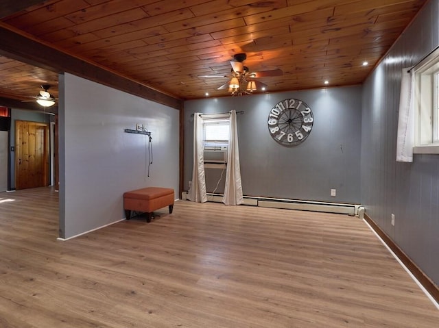 empty room featuring wood ceiling, ceiling fan, baseboard heating, and light wood-type flooring