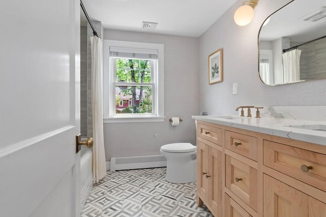 71 Sheffield Rd, Melrose, MA 02176 - bathroom featuring vanity, toilet, baseboards, a shower with shower curtain, and a baseboard heating unit