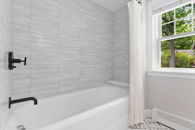 71 Sheffield Rd, Melrose, MA 02176 - bathroom featuring a baseboard heating unit, plenty of natural light, shower / bath combination with curtain, and baseboards