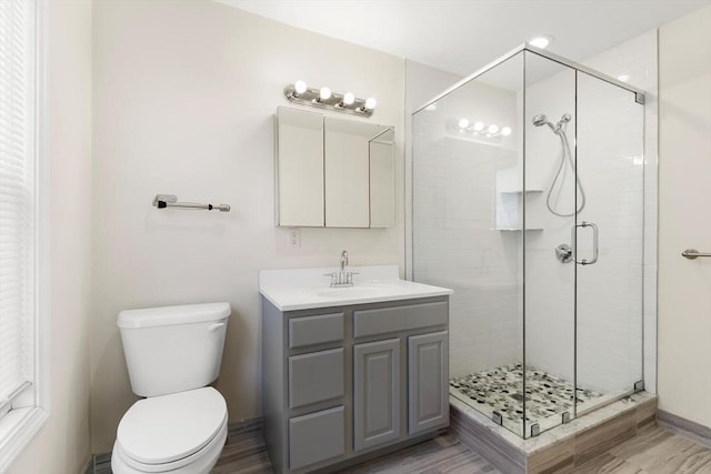 full bathroom with vanity, toilet, and a shower stall