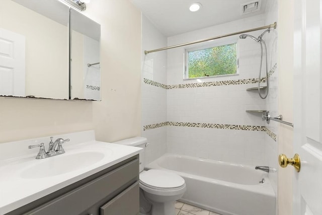 bathroom featuring vanity, toilet, recessed lighting, shower / bathing tub combination, and visible vents