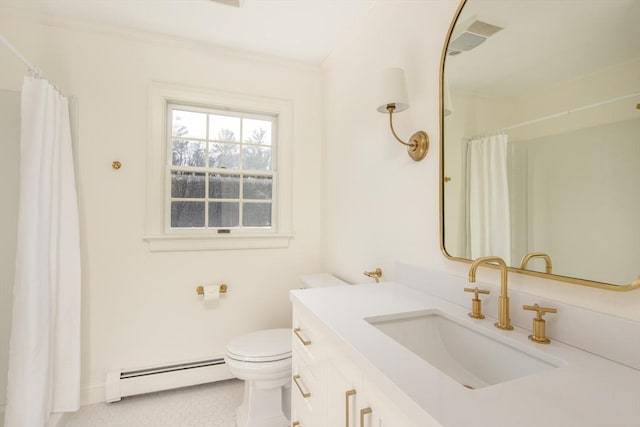 full bath with crown molding, vanity, a baseboard heating unit, toilet, and a shower with shower curtain