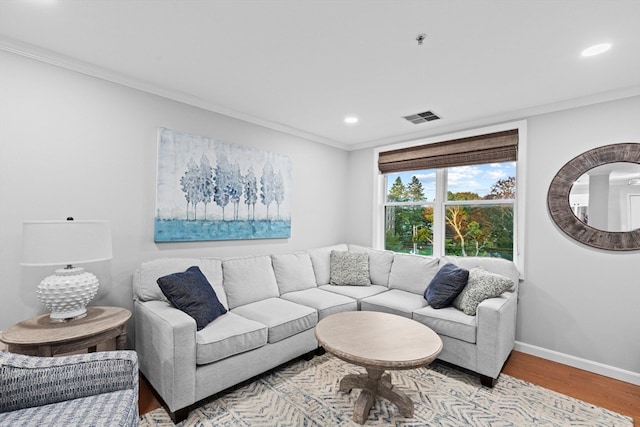 living room featuring crown molding and hardwood / wood-style flooring