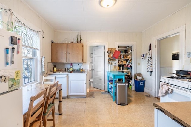 kitchen with sink, white appliances, and ornamental molding