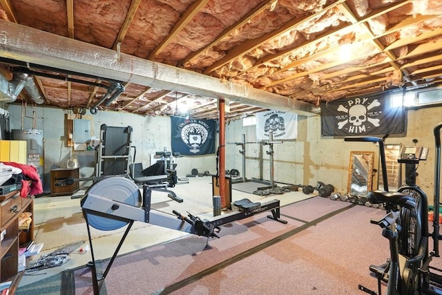 exercise area with electric panel and electric water heater