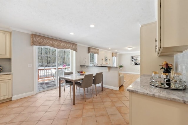 6 Hutchins Way, Westford, MA 01886 - dining room with crown molding, recessed lighting, baseboards, light tile patterned flooring, and a textured ceiling