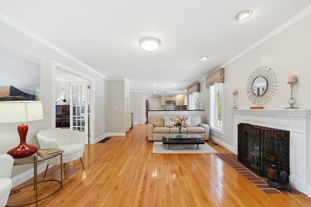 6 Hutchins Way, Westford, MA 01886 - living area with light wood-style flooring, a fireplace, crown molding, and baseboards