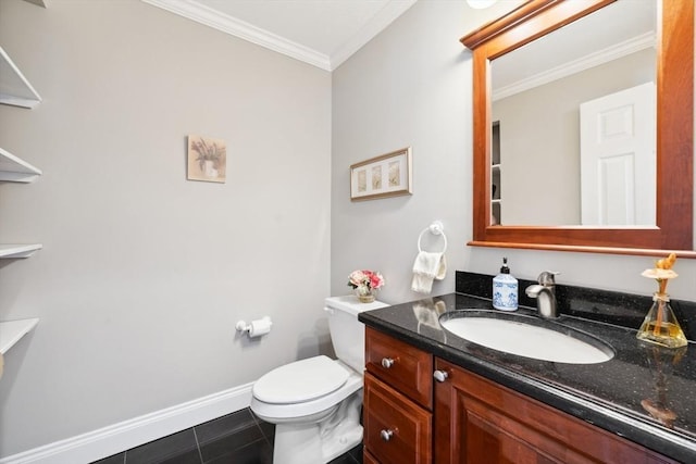 6 Hutchins Way, Westford, MA 01886 - half bathroom featuring baseboards, vanity, crown molding, toilet, and tile patterned flooring