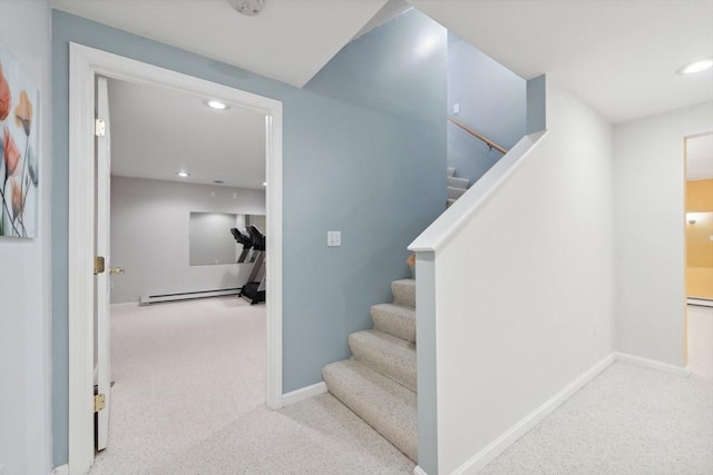 6 Hutchins Way, Westford, MA 01886 - staircase with carpet floors, a baseboard heating unit, recessed lighting, and baseboards