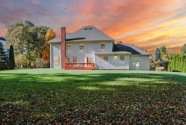6 Hutchins Way, Westford, MA 01886 - rear view of property with a lawn, a deck, and a chimney
