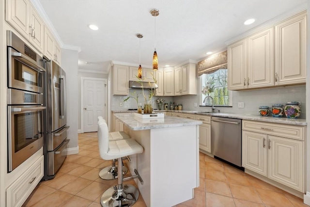 6 Hutchins Way, Westford, MA 01886 - kitchen with stainless steel appliances, a sink, decorative backsplash, light tile patterned floors, and crown molding