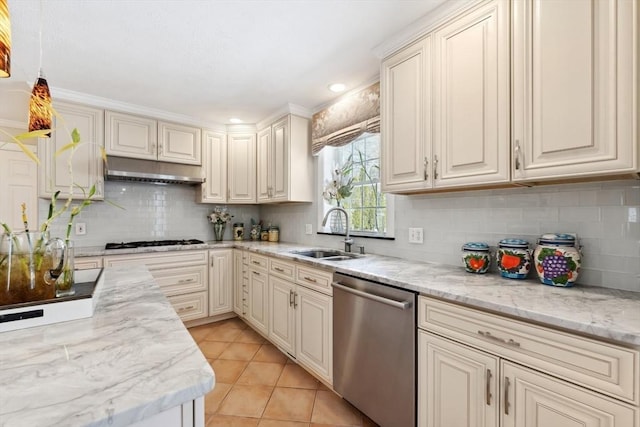 6 Hutchins Way, Westford, MA 01886 - kitchen with dishwasher, a sink, under cabinet range hood, cream cabinets, and gas cooktop