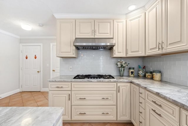 6 Hutchins Way, Westford, MA 01886 - kitchen featuring cream cabinetry, extractor fan, stainless steel gas cooktop, decorative backsplash, and ornamental molding