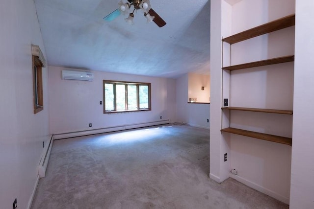8 Adams Rd, Hubbardston, MA 01452 - unfurnished living room with a wall mounted AC, ceiling fan, carpet floors, and a baseboard radiator