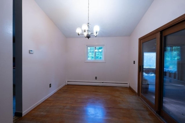 8 Adams Rd, Hubbardston, MA 01452 - unfurnished dining area with a chandelier, a baseboard heating unit, vaulted ceiling, and wood finished floors