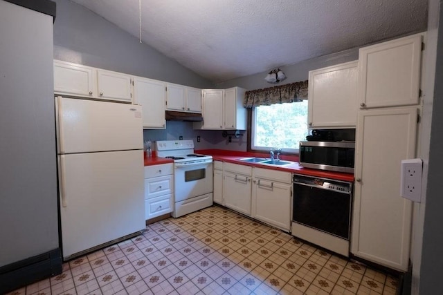 8 Adams Rd, Hubbardston, MA 01452 - kitchen featuring white appliances, under cabinet range hood, vaulted ceiling, white cabinets, and light flooring