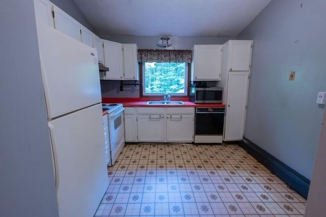 8 Adams Rd, Hubbardston, MA 01452 - kitchen with white appliances, white cabinetry, light flooring, under cabinet range hood, and a textured ceiling