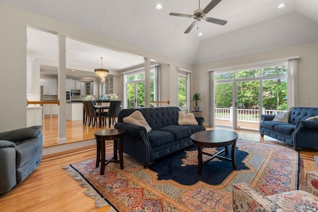 14 Sandpiper Hl, Sharon, MA 02067 - living room featuring light wood-style flooring, lofted ceiling, recessed lighting, decorative columns, and a ceiling fan