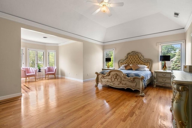 14 Sandpiper Hl, Sharon, MA 02067 - bedroom featuring multiple windows, light wood-style floors, ornamental molding, lofted ceiling, and a ceiling fan