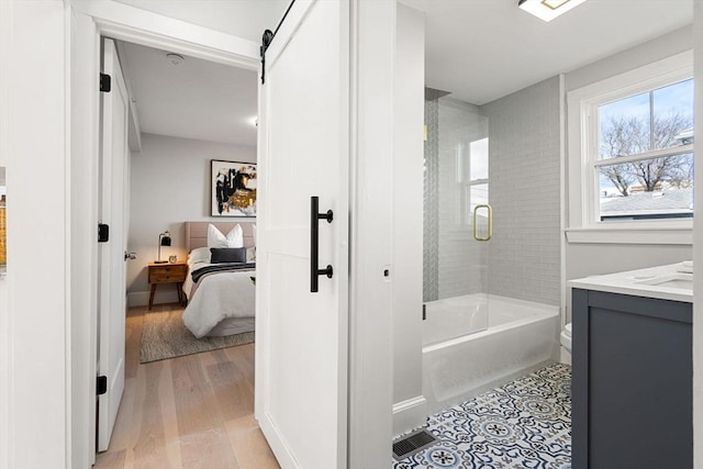 bathroom with hardwood / wood-style flooring and vanity