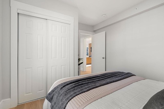 bedroom featuring light hardwood / wood-style floors and a closet