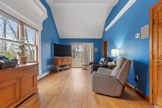 76 Woobly Rd, Bolton, MA 01740 - living room featuring high vaulted ceiling, light wood-type flooring, a baseboard heating unit, and baseboards