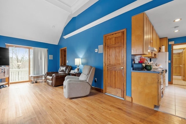 76 Woobly Rd, Bolton, MA 01740 - living area with light wood-style floors, high vaulted ceiling, and recessed lighting