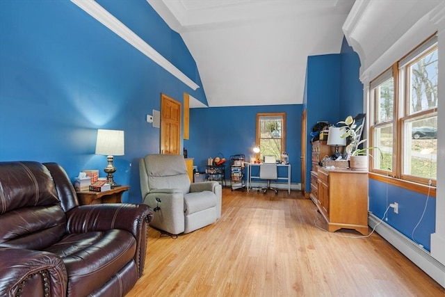 76 Woobly Rd, Bolton, MA 01740 - living area with baseboard heating, lofted ceiling, light wood-type flooring, a desk, and baseboards