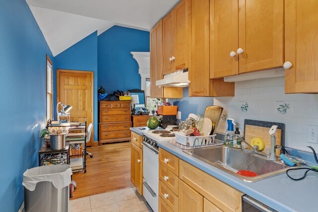76 Woobly Rd, Bolton, MA 01740 - kitchen featuring under cabinet range hood, a sink, decorative backsplash, light countertops, and light tile patterned floors