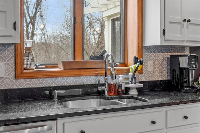 76 Woobly Rd, Bolton, MA 01740 - kitchen with a sink, dishwasher, dark countertops, white cabinetry, and tasteful backsplash
