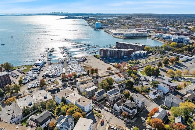 bird's eye view with a water view