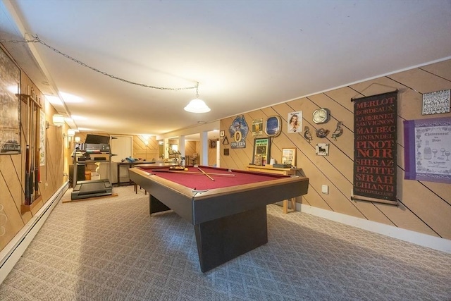 5 Deerfield Rd, Medway, MA 02053 - playroom featuring a baseboard radiator, light carpet, billiards table, and wood walls
