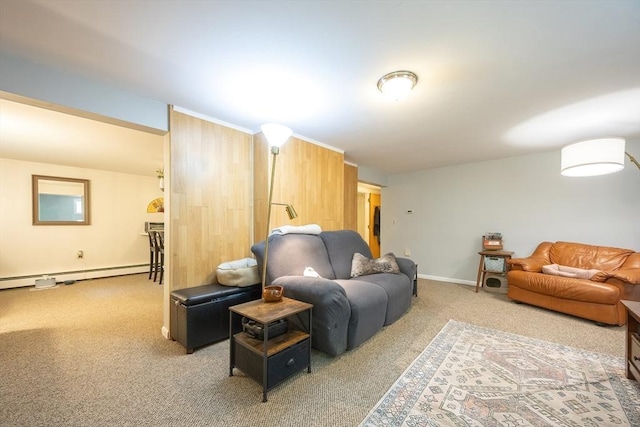 5 Deerfield Rd, Medway, MA 02053 - living area featuring a baseboard heating unit, carpet flooring, and wood walls