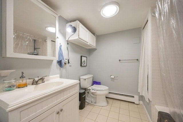 5 Deerfield Rd, Medway, MA 02053 - bathroom featuring a baseboard radiator, tile patterned floors, toilet, vanity, and shower / bath combination with curtain