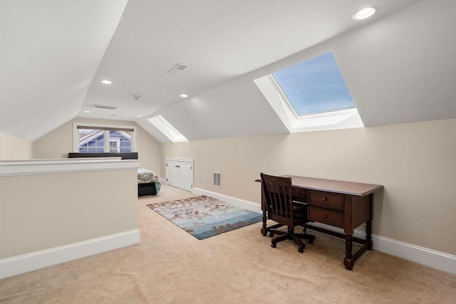 50 Sterling Rd, Needham, MA 02492 - carpeted home office with a skylight, vaulted ceiling, baseboards, and recessed lighting