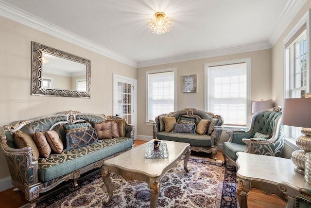 50 Sterling Rd, Needham, MA 02492 - living area featuring healthy amount of natural light, ornamental molding, wood finished floors, and baseboards