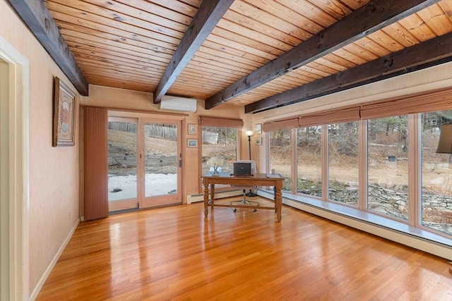 unfurnished office featuring wooden ceiling, beamed ceiling, light wood-style flooring, and baseboard heating