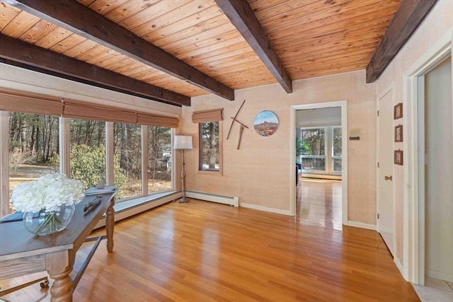 interior space with beam ceiling, baseboard heating, and wooden ceiling