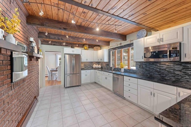 kitchen with backsplash, appliances with stainless steel finishes, wooden ceiling, and a sink