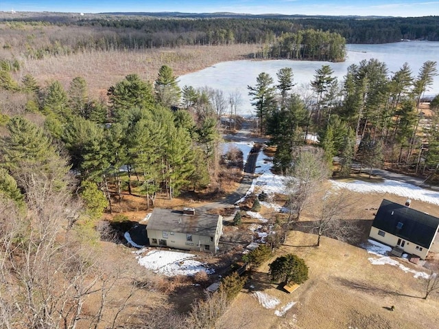 birds eye view of property featuring a water view and a wooded view