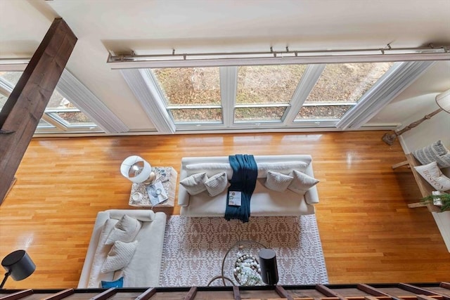 interior space featuring a skylight and wood finished floors