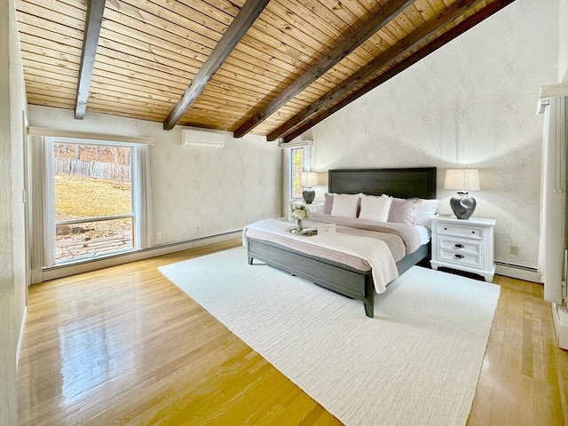 bedroom featuring vaulted ceiling with beams, wood finished floors, a wall mounted AC, and a baseboard radiator